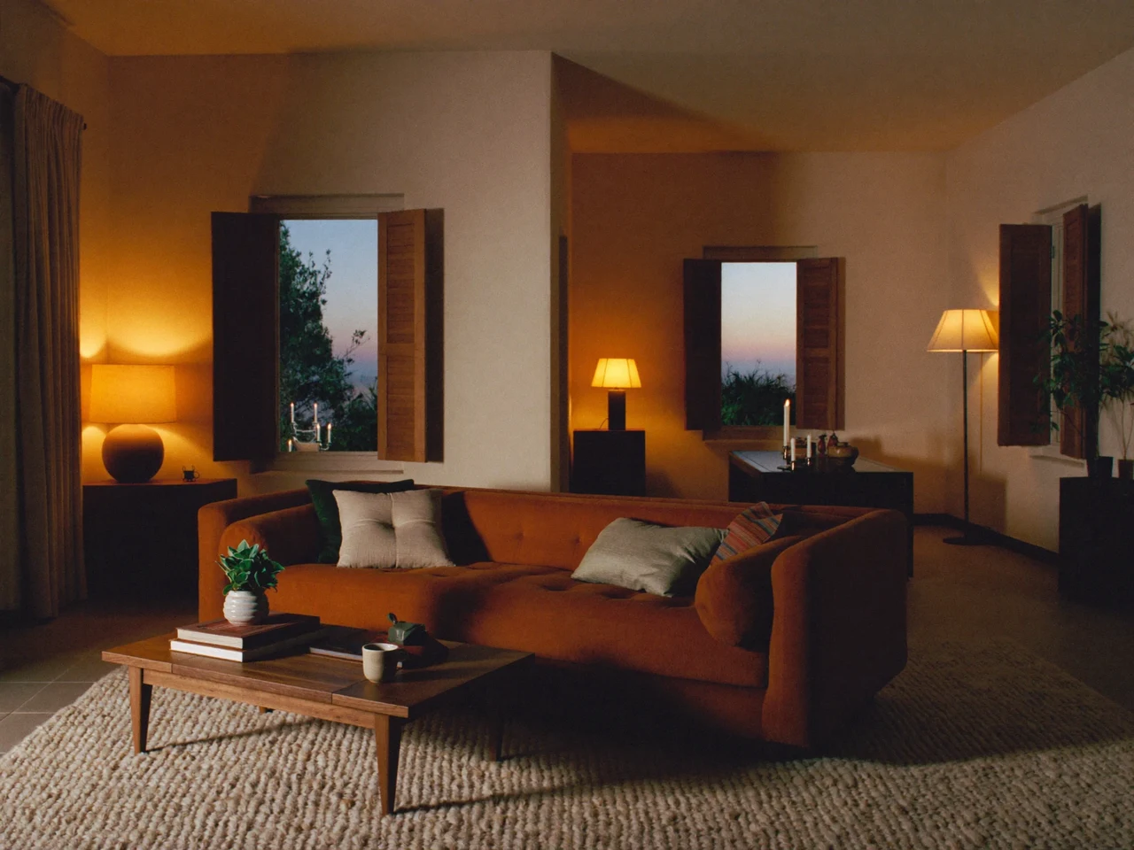 Salon méditerranéen au crépuscule, éclairé par plusieurs lampes chaleureuses