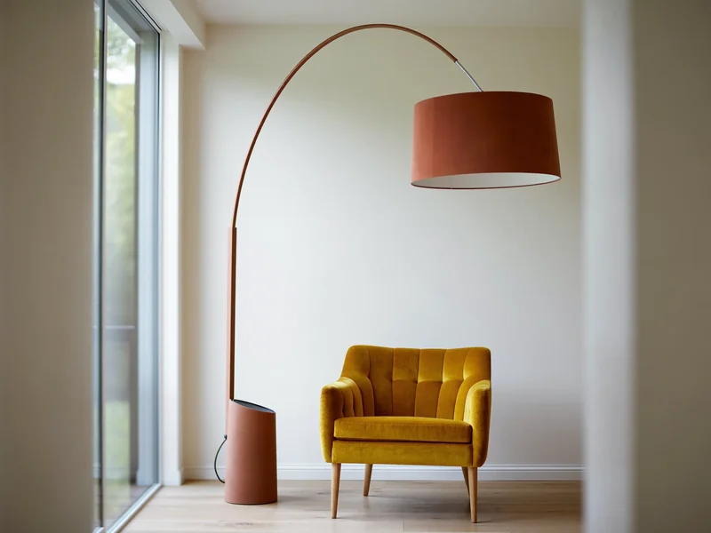 Lampadaire arqué à abat-jour terracotta au-dessus d’un fauteuil en velours moutarde
