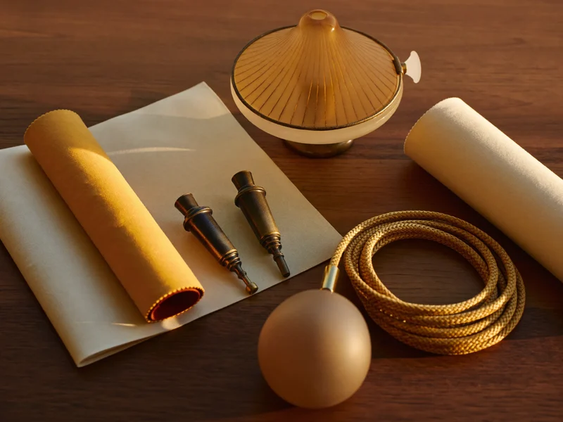 Tissus ocre et crème, laiton, cordon tressé et diffuseurs en verre sur une table